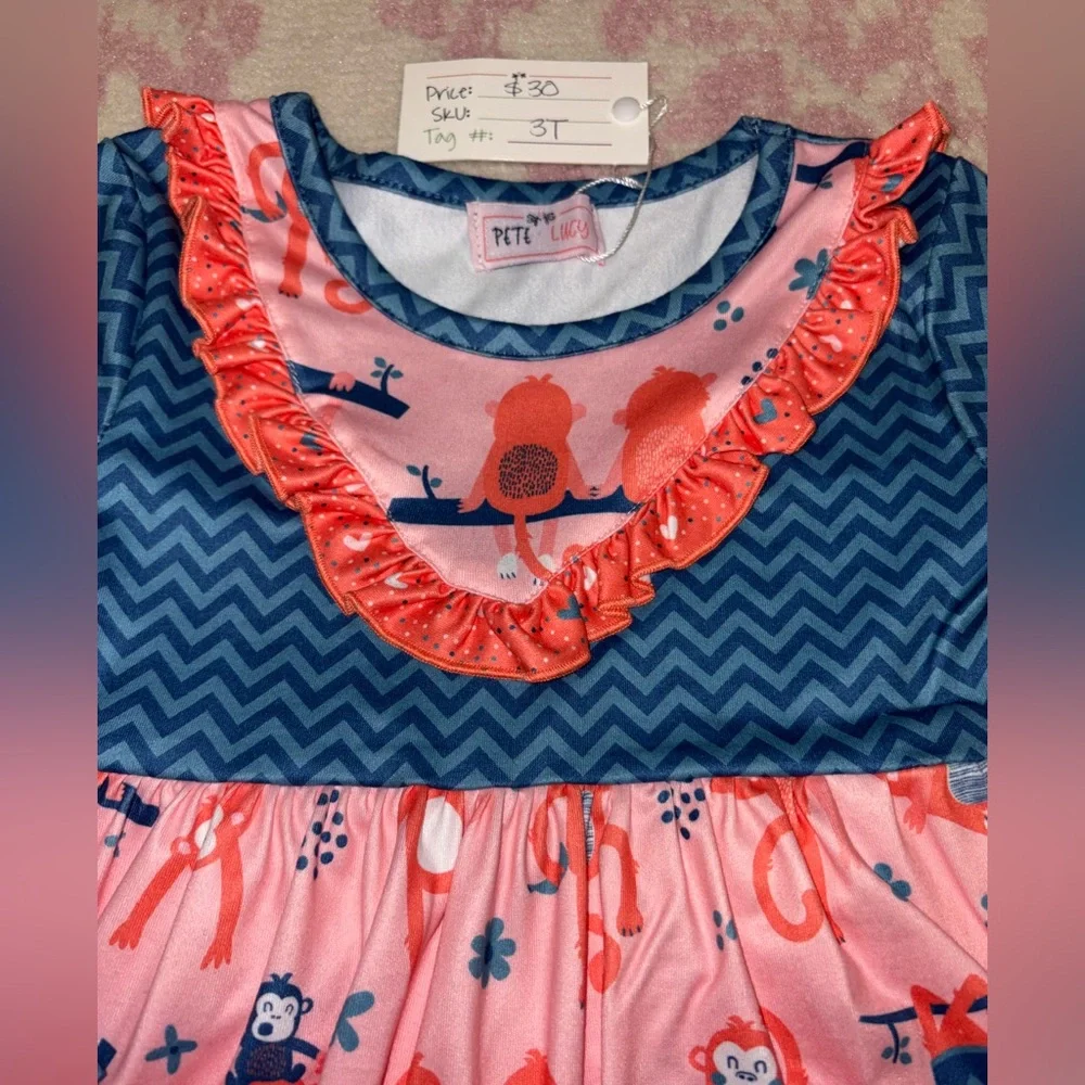 Pete + Lucy Navy Blue Chevron & Coral Monkey Ruffle Matching Set 3T Girls